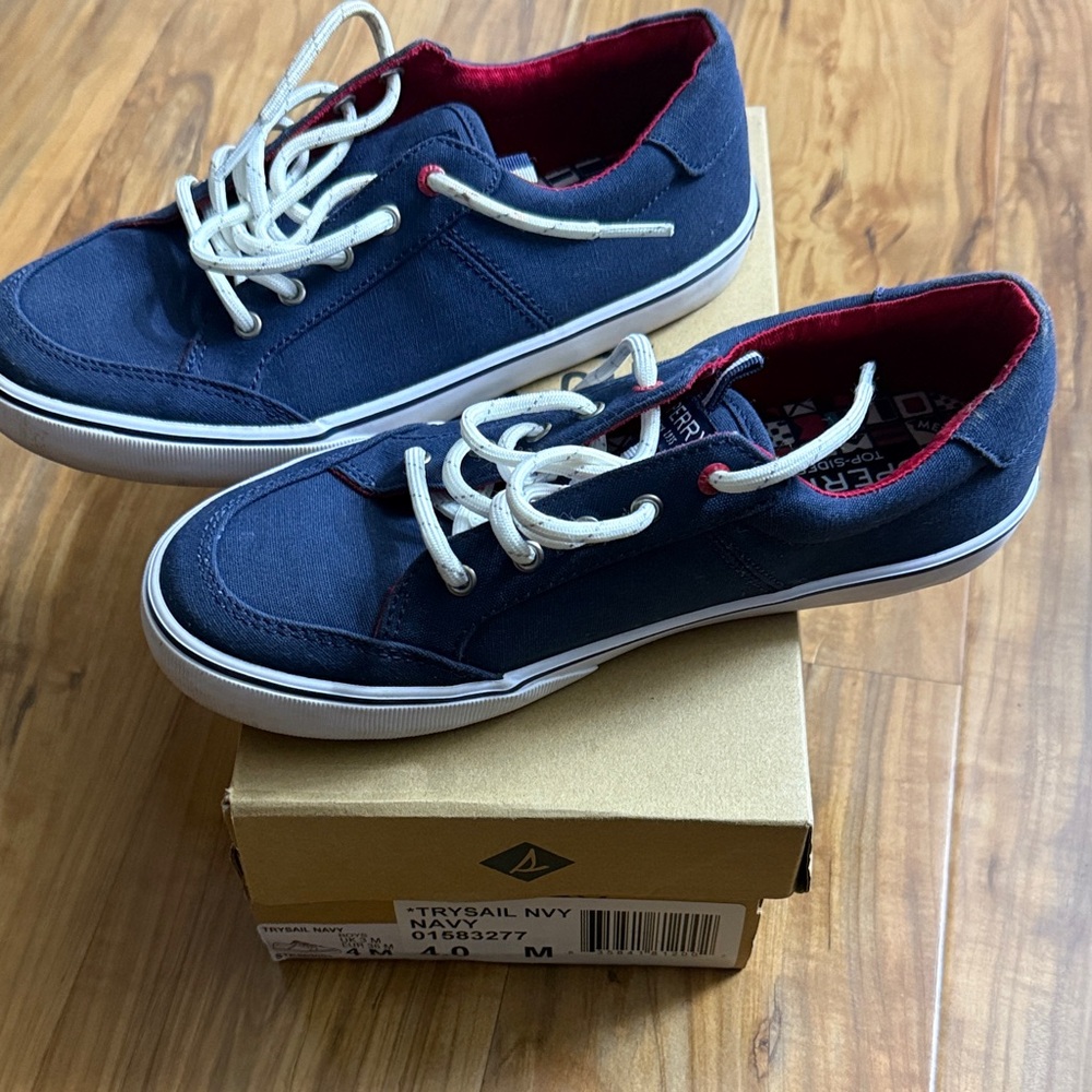 Gently used Sperry Top Sider Navy Kids Sneakers with Red Accents